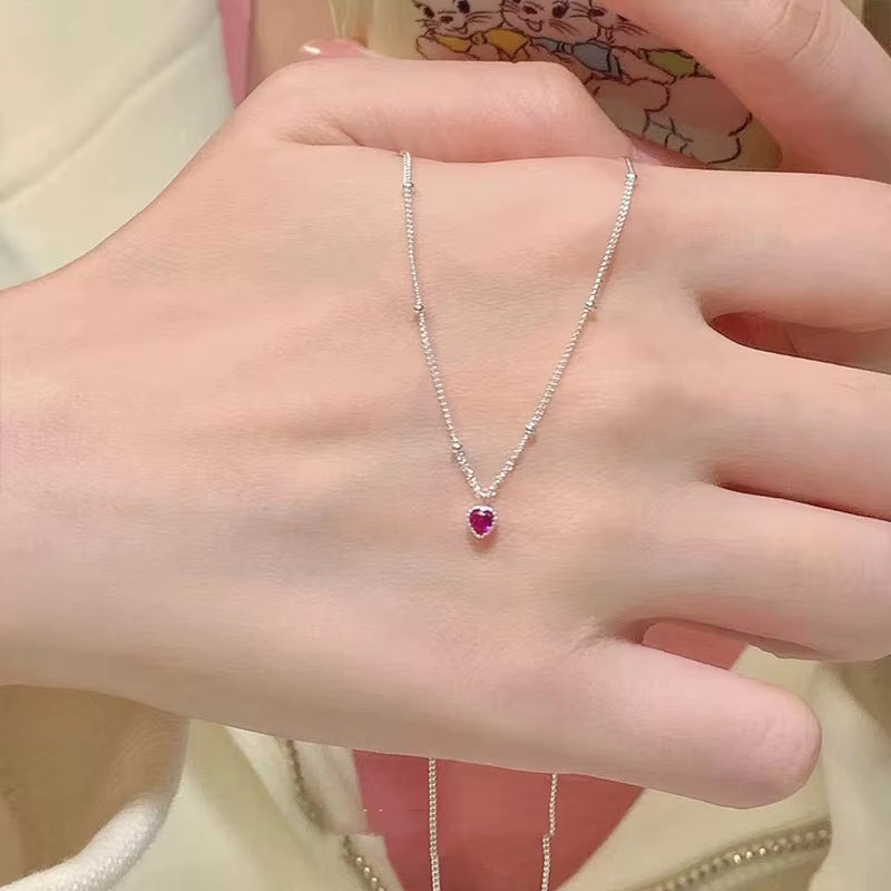 Silver Color Necklace Pendant for Women Jewelry Love Necklace Small Mini Red Heart Pendant Simple Heart Shaped Collar